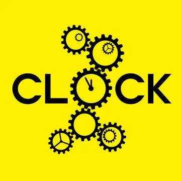 Word 'Clock' with big gear instead 'O' on yellow background Stock Illustration