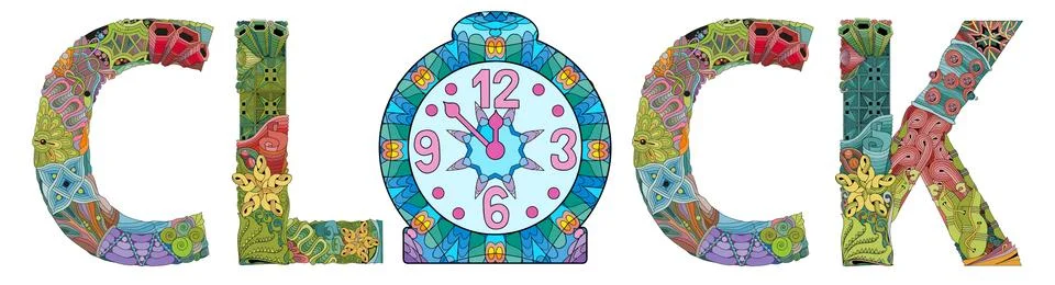 Word CLOCK with bird silhouette. Vector zentangle object for decoration Stock Illustration