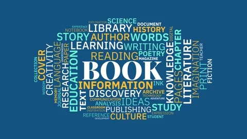 Word cloud about books, reading, education, and literature on blue background Stock Footage 343780247