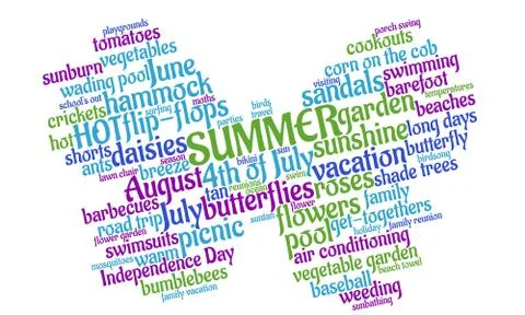 Word cloud about summer shaped like a colorful butterfly Stock Illustration