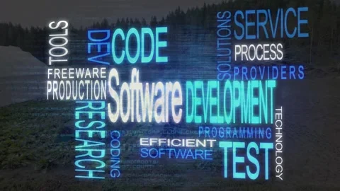 Word cloud animating on play over field, glitch cascading CODE or TEST, showing Stock Footage 321099490