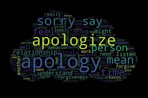 Word cloud of apology concept on black background. Stock Illustration