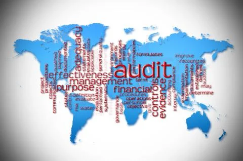 Word Cloud of  audit with world map background Stock Illustration