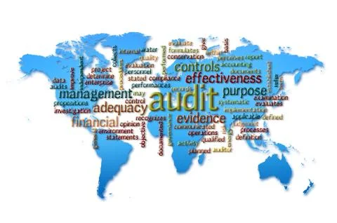 Word Cloud of  audit with world map background Stockillustratie