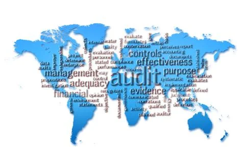Word Cloud of  audit with world map background Stock Illustration
