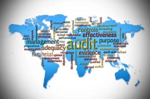Word Cloud of  audit with world map background Stock Illustration
