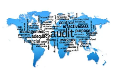 Word Cloud of  audit with world map background Stockillustratie