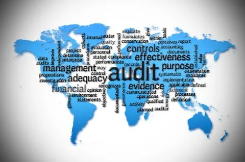 Word Cloud of  audit with world map background Stock Illustration