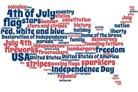 Word cloud backdrop regarding July 4th, shaped like US Stock Illustration
