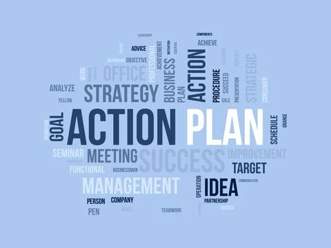 Word cloud background concept for Action Plan. Business idea solution strat.. Stock Illustration