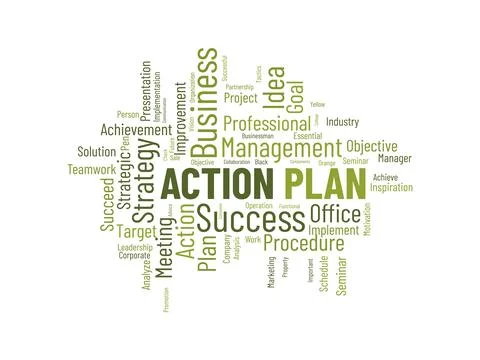 Word cloud background concept for Action Plan. Business idea solution strat.. Stock Illustration