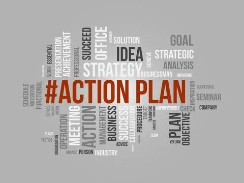 Word cloud background concept for Action Plan. Business idea solution strat.. Illustrazione stock