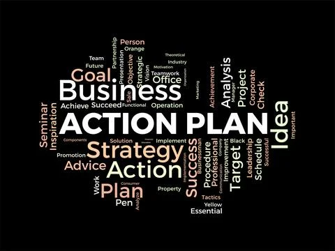 Word cloud background concept for Action Plan. Business idea solution strat.. Stock Illustration