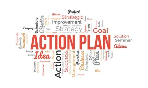 Word cloud background concept for Action Plan. Business idea solution strat.. Stock Illustration