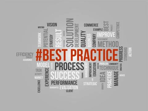 Word cloud background concept for Best Practice. Quality improvement with d.. Illustrazione stock