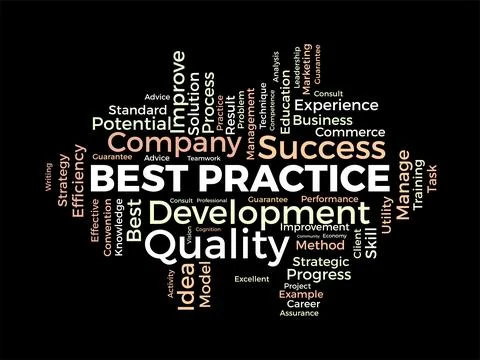 Word cloud background concept for Best Practice. Quality improvement with d.. Illustrazione stock
