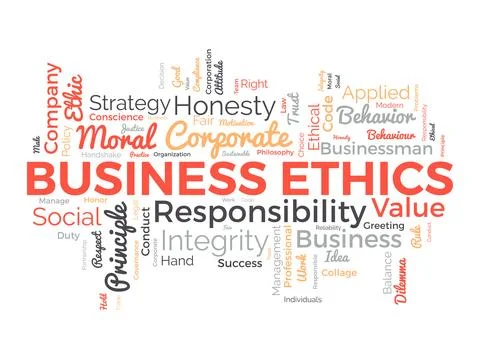 Word cloud background concept for Business Ethics. Corporate integrity, Com.. Illustrazione stock