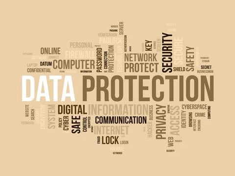 Word cloud background concept for Data protection. Digital security, networ.. Illustrazione stock