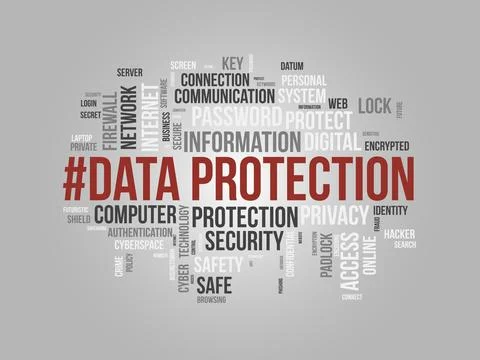 Word cloud background concept for Data protection. Digital security, networ.. Illustrazione stock