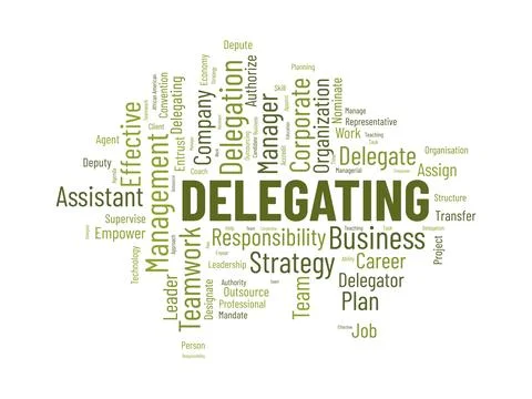 Word cloud background concept for Delegating. Business responsibility, care.. Stockillustratie