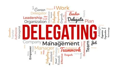 Word cloud background concept for Delegating. Business responsibility, care.. Stock Illustration