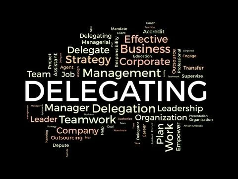 Word cloud background concept for Delegating. Business responsibility, care.. Illustrazione stock