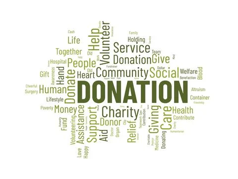 Word cloud background concept for DONATION. charity support, finance contri.. Illustrazione stock