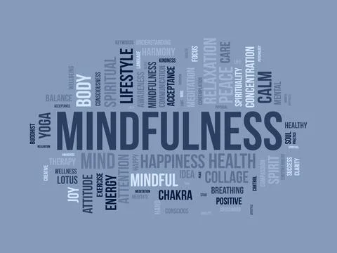 Word cloud background concept for mindfulness. Spiritual meditation, consci.. Stock Illustration