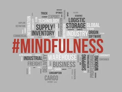 Word cloud background concept for mindfulness. Spiritual meditation, consci.. Иллюстрация