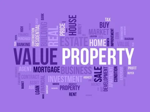 Word cloud background concept for Property value. Investment business, fina.. Stock Illustration