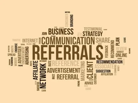 Word cloud background concept for Referrals. Business affiliate suggestion .. Stock Illustration