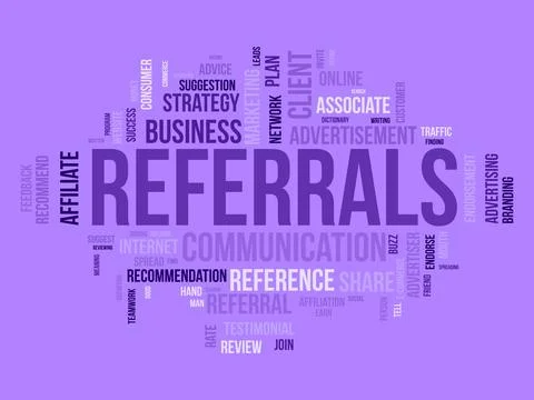 Word cloud background concept for Referrals. Business affiliate suggestion .. Stock Illustration