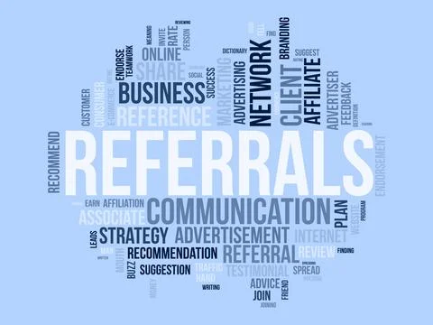 Word cloud background concept for Referrals. Business affiliate suggestion .. Stock Illustration