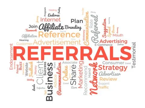 Word cloud background concept for Referrals. Business affiliate suggestion .. Stock Illustration