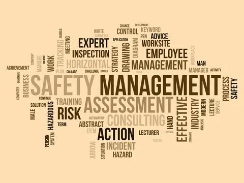 Word cloud background concept for Safety management. Strategic consulting d.. Stock Illustration