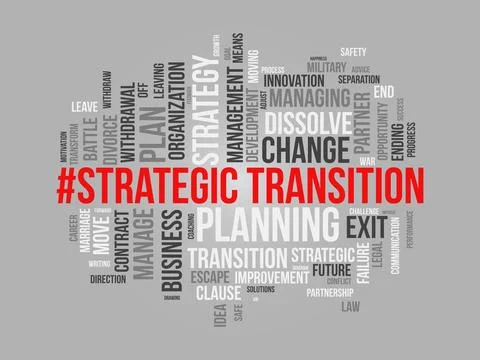 Word cloud background concept for Strategic transition. Business planning p.. Stock Illustration