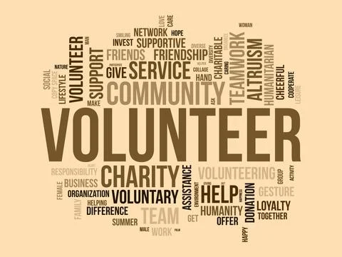 Word cloud background concept for volunteer. Charity support, community hel.. Illustrazione stock