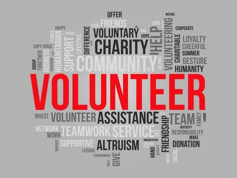Word cloud background concept for volunteer. Charity support, community hel.. Stock Illustration