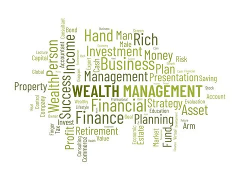 Word cloud background concept for Wealth management. Financial investment, .. Stock Illustration