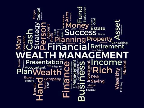 Word cloud background concept for Wealth management. Financial investment, .. Stock Illustration