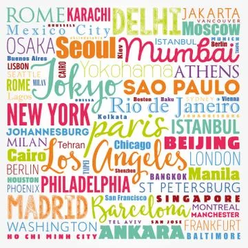 Word cloud concept made with words cities names, business concept background Stock Illustration