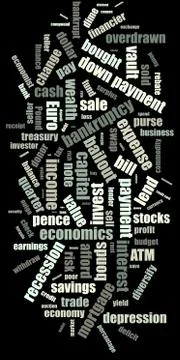 Word cloud concept typography. Collage illustration. Terms - finance and econ Ilustración de archivo