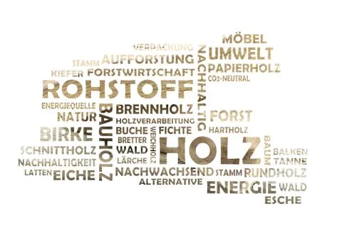 Word cloud cut out of relevant german keywords to the main word wood Stock Illustration