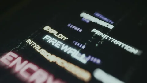 Word cloud of cyber attack-related terms and concepts, word Firewall in focus Stock Footage 335458911