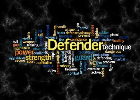 Word Cloud with DEFENDER concept create with text only Stock Illustration