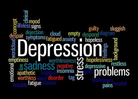 Word Cloud with DEPRESSION concept, isolated on a black background Stock Illustration