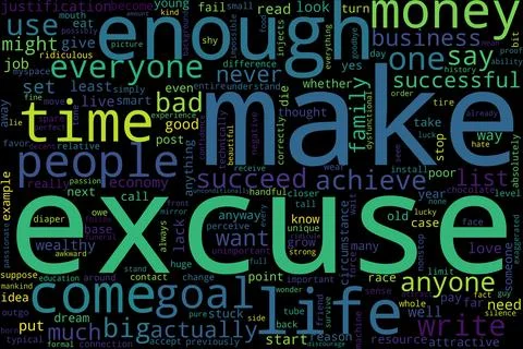 Word cloud of excuse concept on black background. Stock Illustration