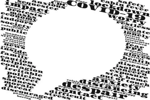 Word cloud as a frame around an empty COVID-19 speech bubble Illustrazione stock