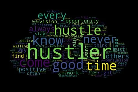 Word cloud of hustler concept on black background. Stock Illustration
