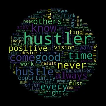 Word cloud of hustler concept on black background. Stock Illustration